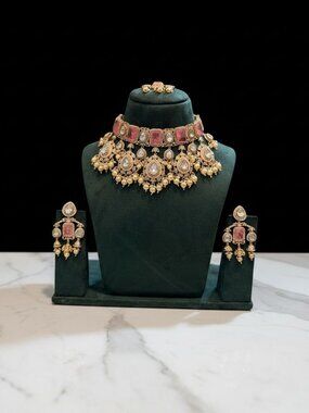 Royal Pink Stone Bridal Choker Set with Earrings